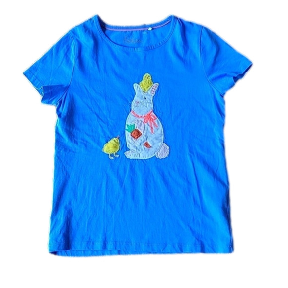 Boden Blue Tee Shirt Chick Rabbit Carrot Applique Embroidered Kid 9-10Y Crewneck - Picture 1 of 12